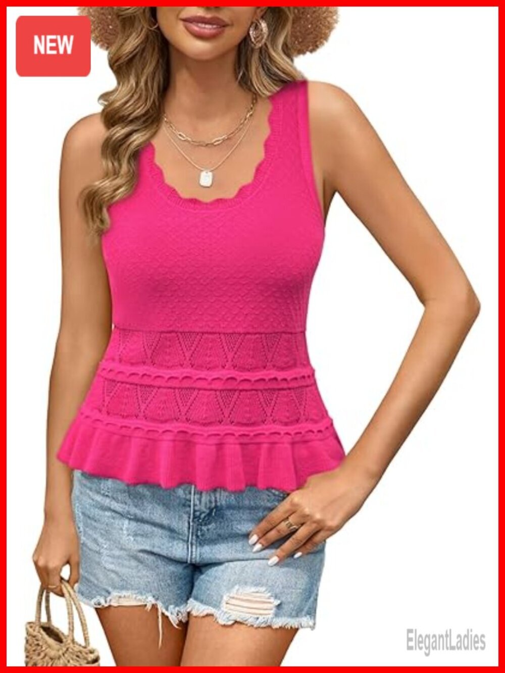 Crochet Crop Tank Top Sleeveless Ruffle Hem Knit Boho Peplum Cute Tops